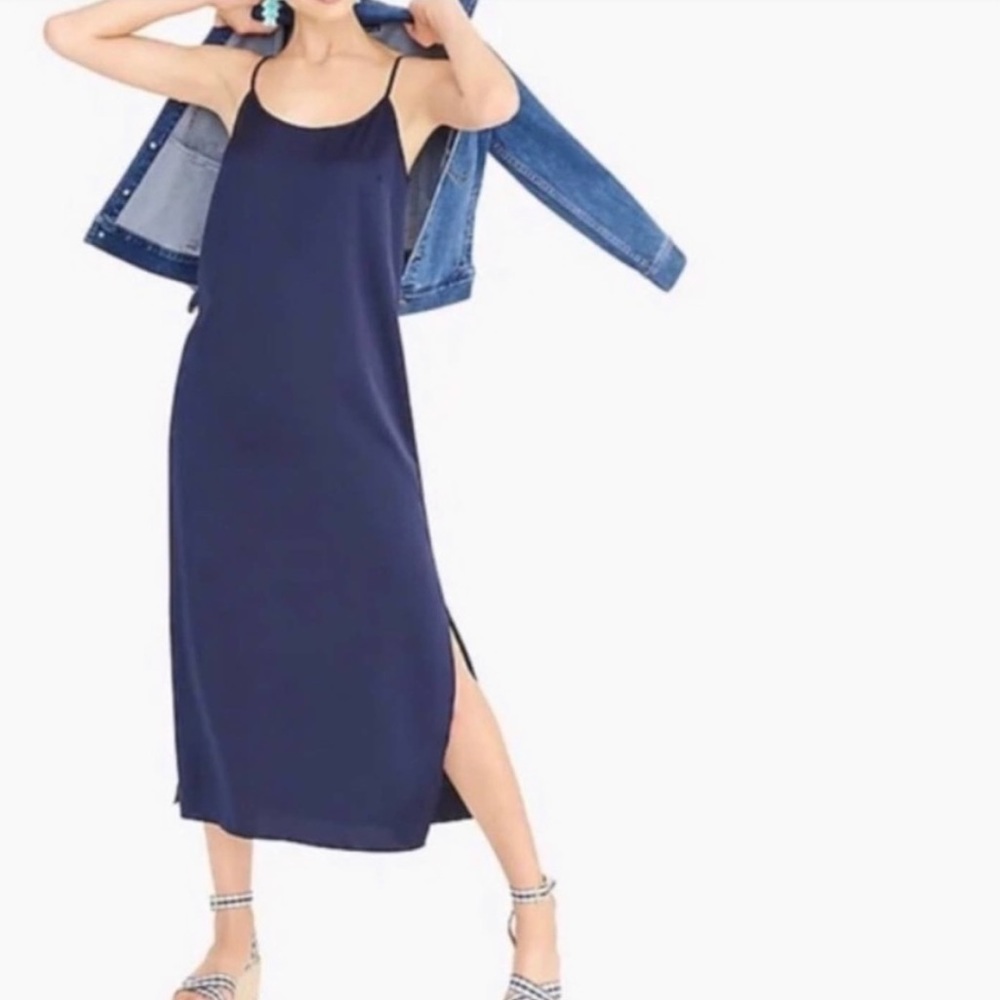J Crew Factory satin silk slip midi dress navy blue size Large